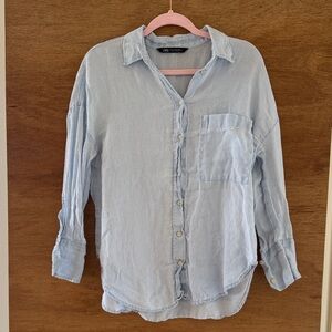Zara Light Blue Button-Up Shirt Size M - LINEN